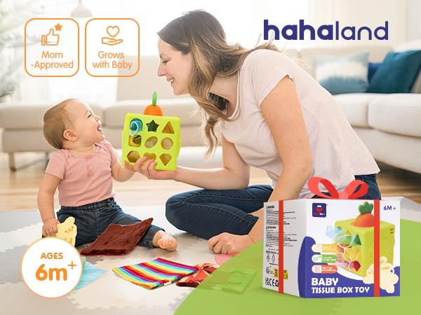 hahaland Baby Tissue Box Toy - Silicone Baby Toys 6-12 Months Montessori Toy for 6 Month Old - 6-in-1 Soft Busy Activity Cube with Scarves, Crinkle, Textures, Mirror, Sensory Popper - Gifts for Babies