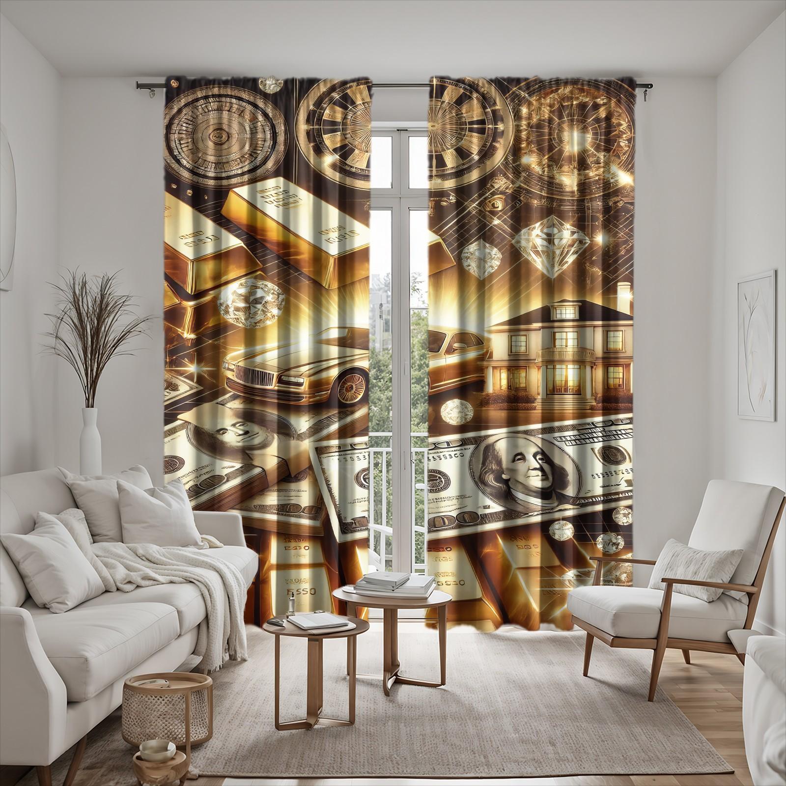 2 Pack Brushed Fabric Curtains, Wealth Theme Digital Print Window Drapes, Semi-Transparent & Fade Resistant, Through Rod Hanging Design, for Bedroom Living Room, Rich Dream Golden Home Curtains, Home Decoration Curtain