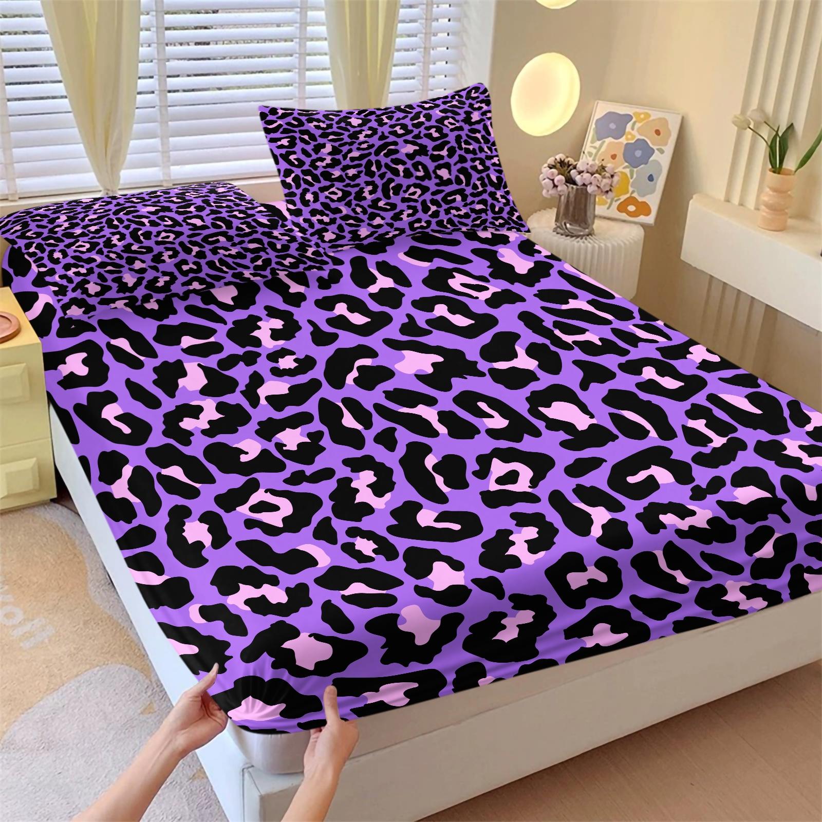 3-Piece Set Cute Leopard Print Bedding Set, Bed Sheet Sets, Decorative Bedsheet Sets, Includes 1 Fitted Sheet and 2 Pillowcases, Home Hotel Room Decor, Bedroom Decoration, Perfect Gift