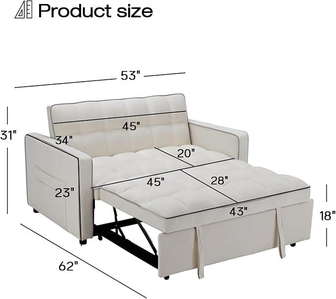 [HolidayHaul]EBELLO 3 in 1 Convertible Sleeper Sofa Bed, Velvet Modern Loveseat Futon Couch Pullout Bed with Side Storage Pockets, Small Love Seat Lounge Sofa Futon for Small Space, Living Room