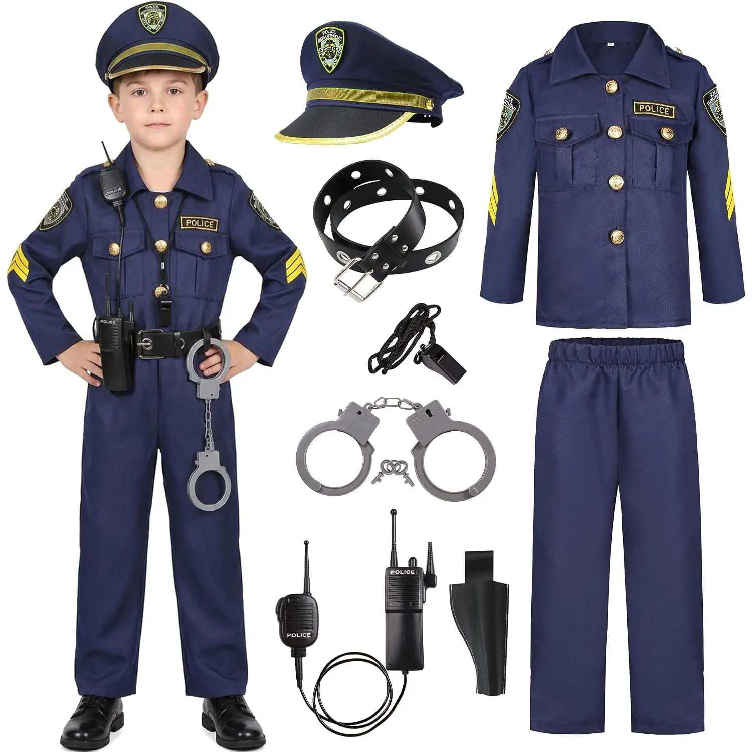 Boys Police Cop Costume - Kids Officer Uniform Halloween Dress Up Outfit(Gift)