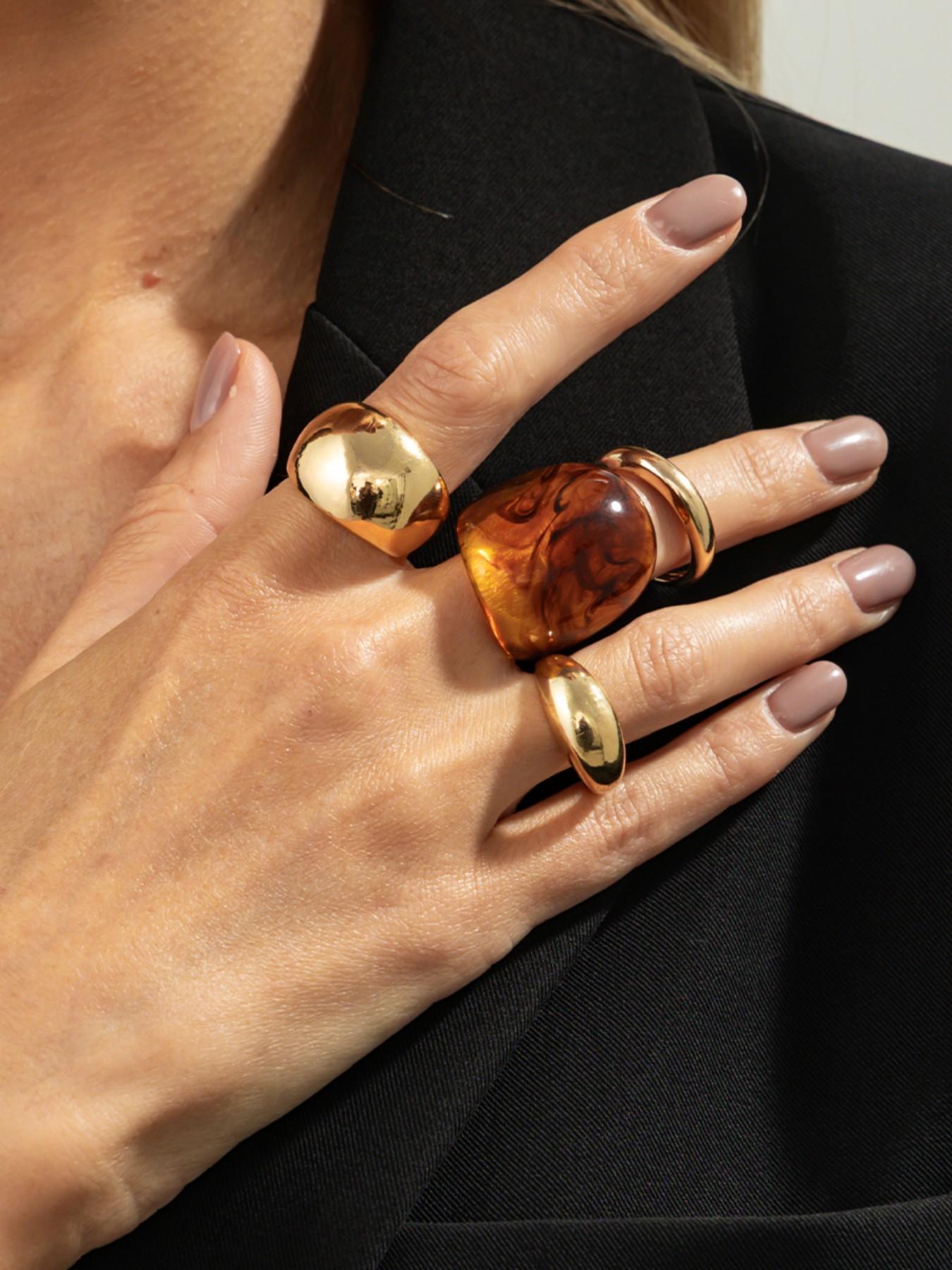 4-Piece Vintage Geometric Amber Ring Set, Women's Bold Rings, Party & Daily Wear, Gift Jewelry Set, Resin Texture Random
