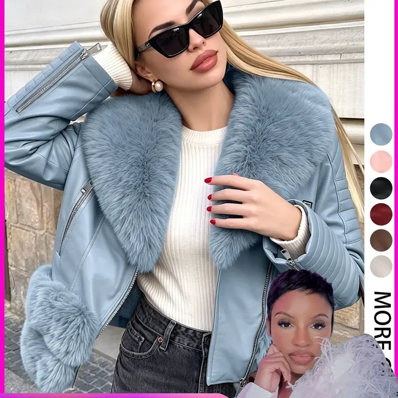 Styles by Faith Howard Women's Fall Winter Vintage Faux PU Jacket, Elegant Warm Casual Coat, Long Sleeve Fitted Design, Adjustable Waist Belt Included
