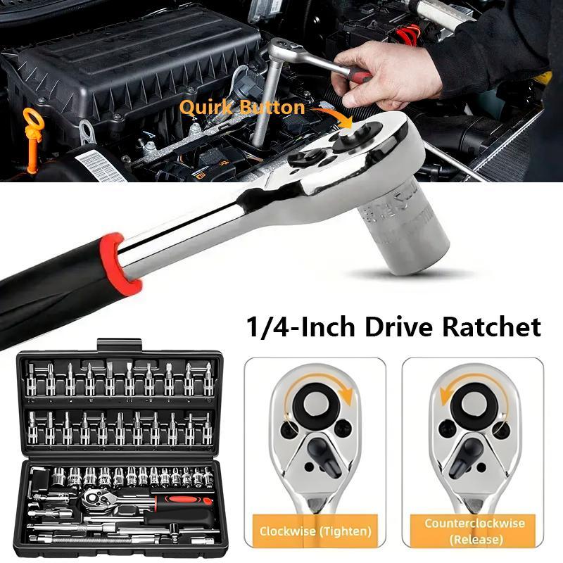 46Pcs Wrench Set with Socket Kit, manual toolboxes for car and mechanical maintenance, Includes Ratchet Set, Storage Case, Drill Socket & Extension - Durable Stainless Steel Tools for Home and Auto Repair