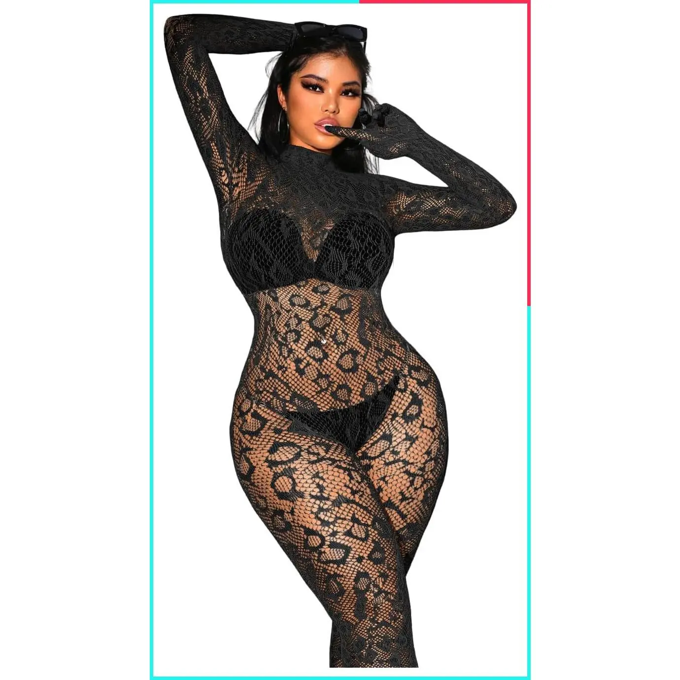 Women's Sexy Lace Leopard Jumpsuit Fishnet Bodysuit, Glow Party Club One Piece Mesh Full Body Rave Outfit