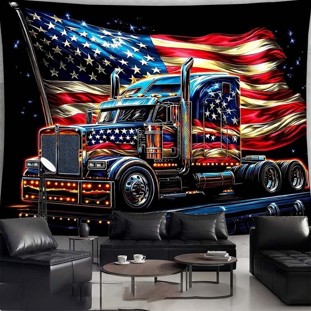 1PC Independence Day themed tapestry wall decoration for living room or bedroom featuring American flag and truck design enhances atmosphere during gatherings and celebrations suitable for creating a patriotic home ambiance perfect for daily enjoyment and