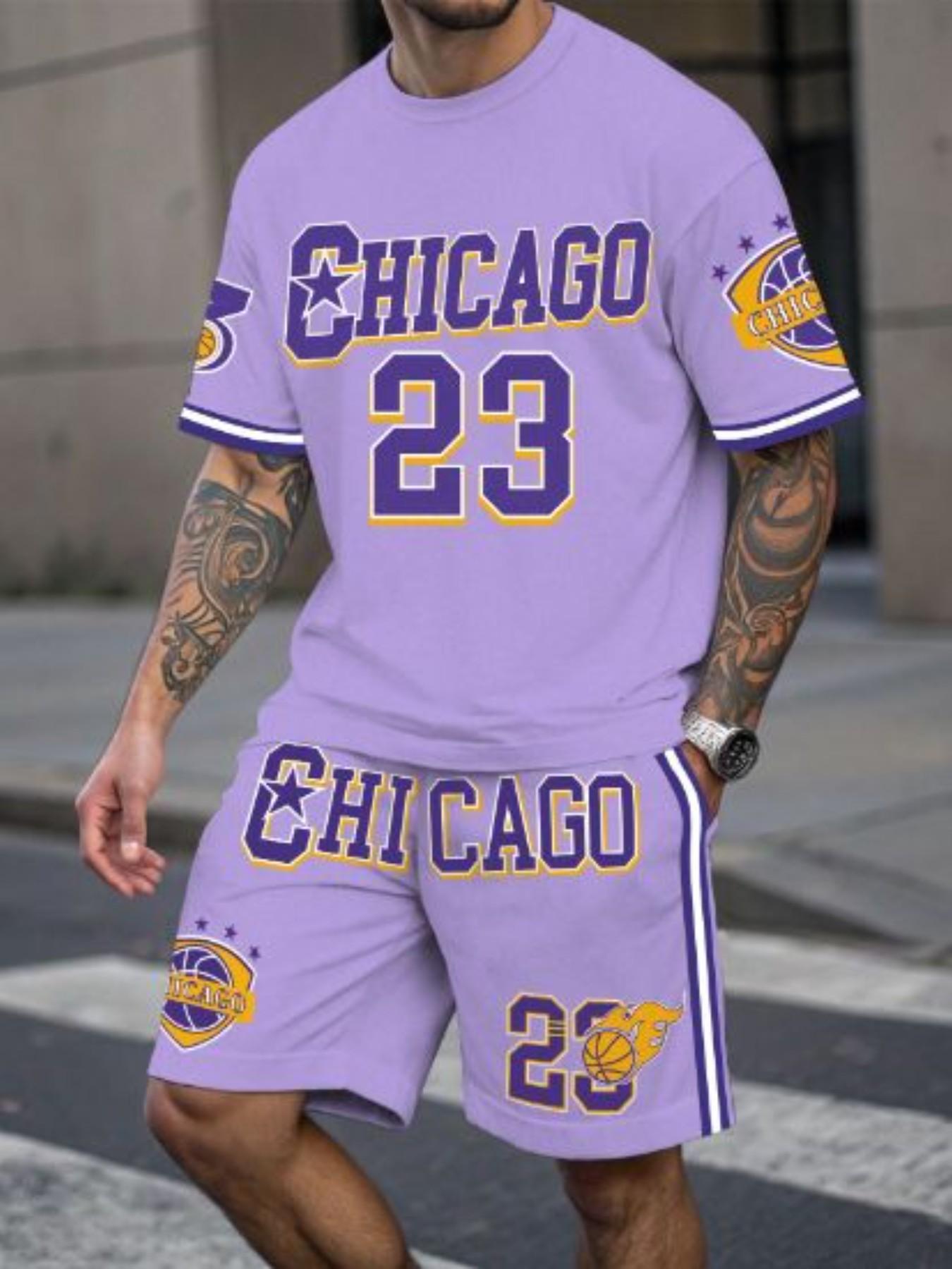 Men's Fashion Round Neck Short Sleeve Set, Chicago Letter Number 23 Digital Print, Summer Casual, Comfortable Vacation Sports Wear