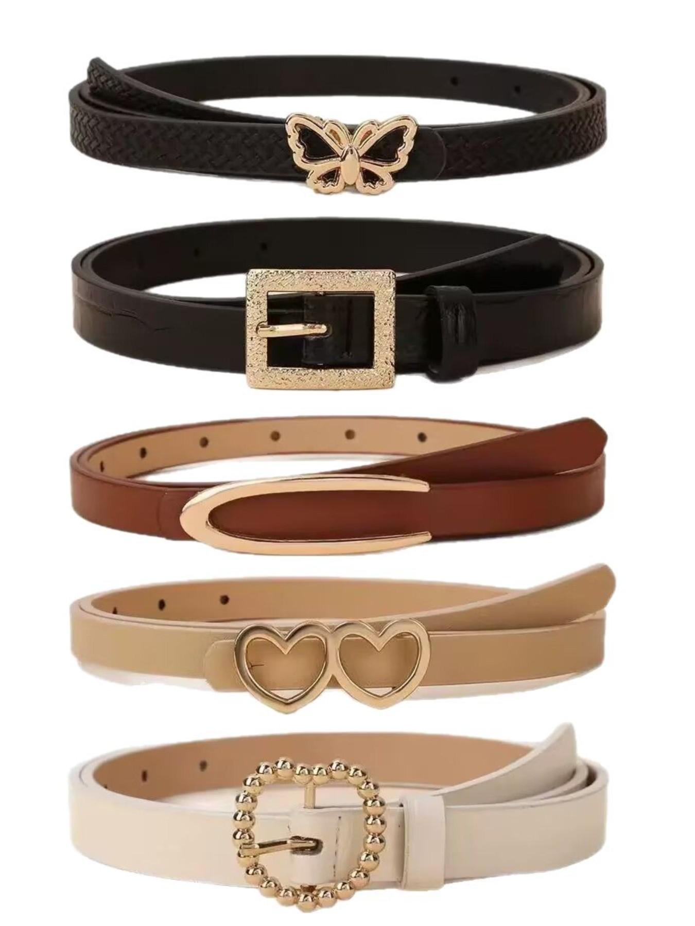 5-Piece Fashion Buckle Set, Vintage Solid PU Belt, Casual Denim Waistband for Women, Stylish Accessory for Everyday Wear