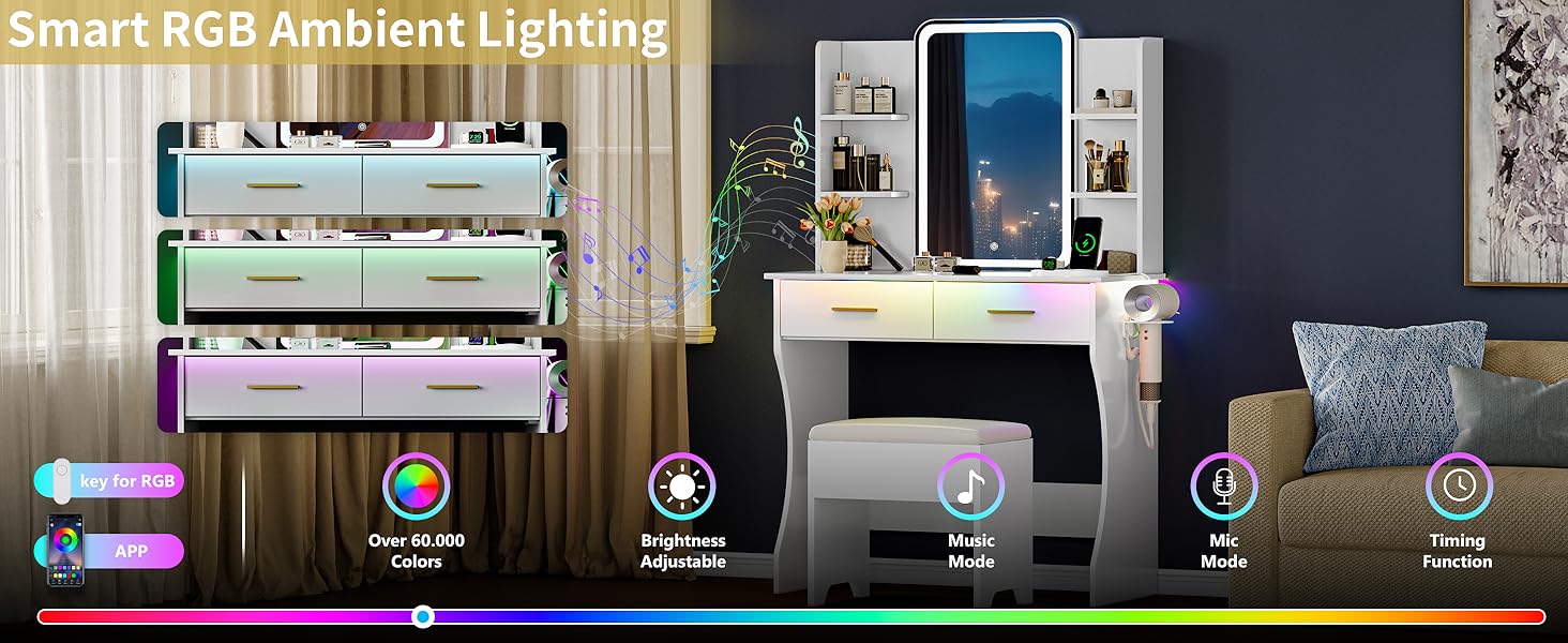 Led Light Makeup Vanity Desk with Lighted Mirror & Power Outlet,  Makeup Vanity Table Set with Storage Drawers & Chair, 3 Lighting Color Adjustable