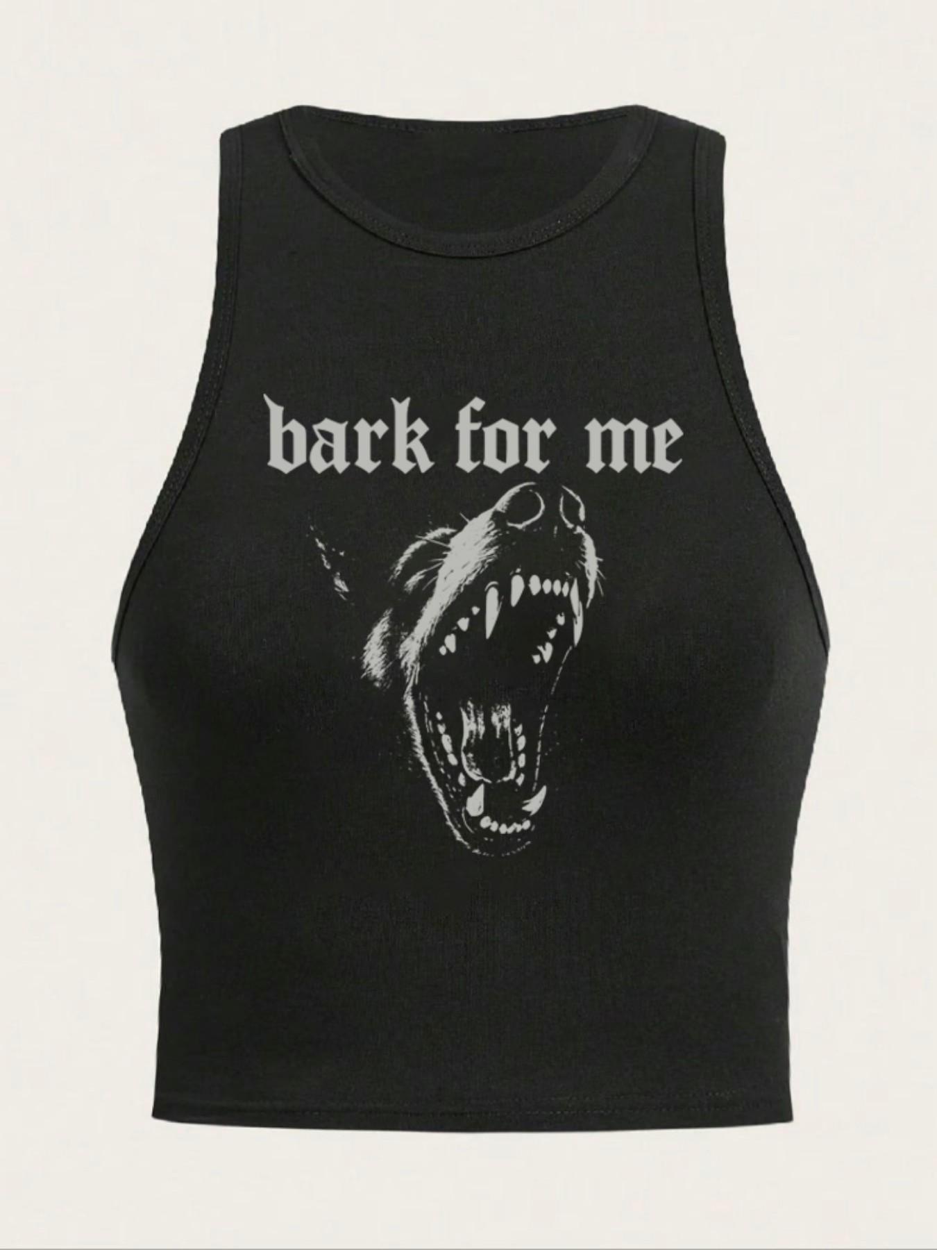 Women's Bark for Me Wolf Pattern Short Tank Top, Y2K Street Style Gothic Streetwear Sleeveless Shirt, Letter Print Collared Crop Top, Casual