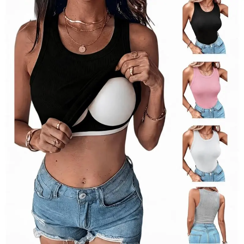 2PCS/3PCS Pack Women's High-Elastic Round Neck Sleeveless with Chest Pad - Multi-Color Solid Color Vests Suitable for Commuting & Layering, Basic Ribbed Tank Tops for Women, Fitted Sleeveless Casual Summer Crop Shirts