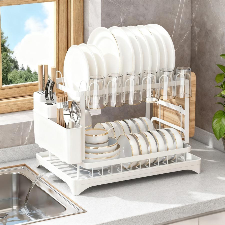 Double drain rack, kitchen countertop dish rack, kitchen accessories with drain tray and cutlery rack