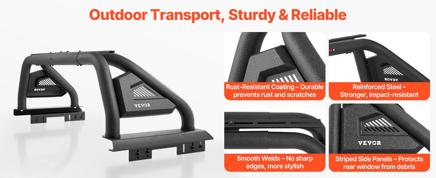 VEVOR Truck Bed Roll Bar, Universal Pickup Sport Adjustable Bar Chase Rack Compatible with Mid-Size Truck, Carbon Steel Construction with LED Brake Light, No Rack Included