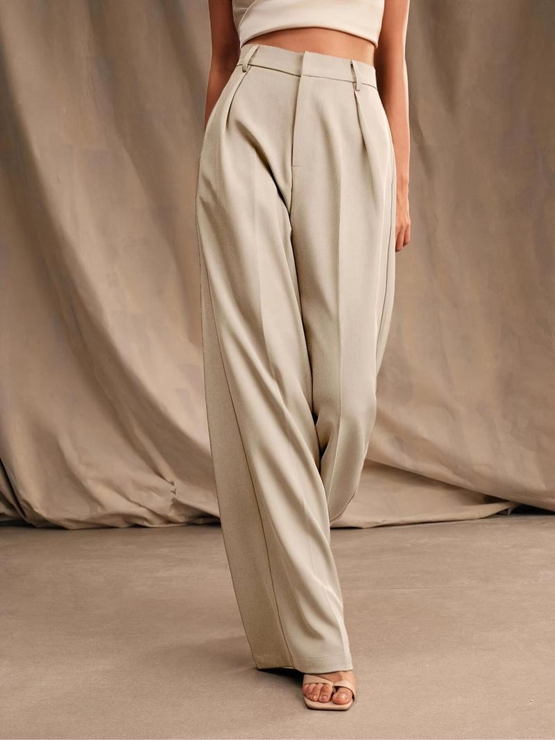 Women's Solid Color Wide Leg Pants, Elegant Fashion Casual Trousers for Work Office Business, Ladies Bottoms for All Seasons
