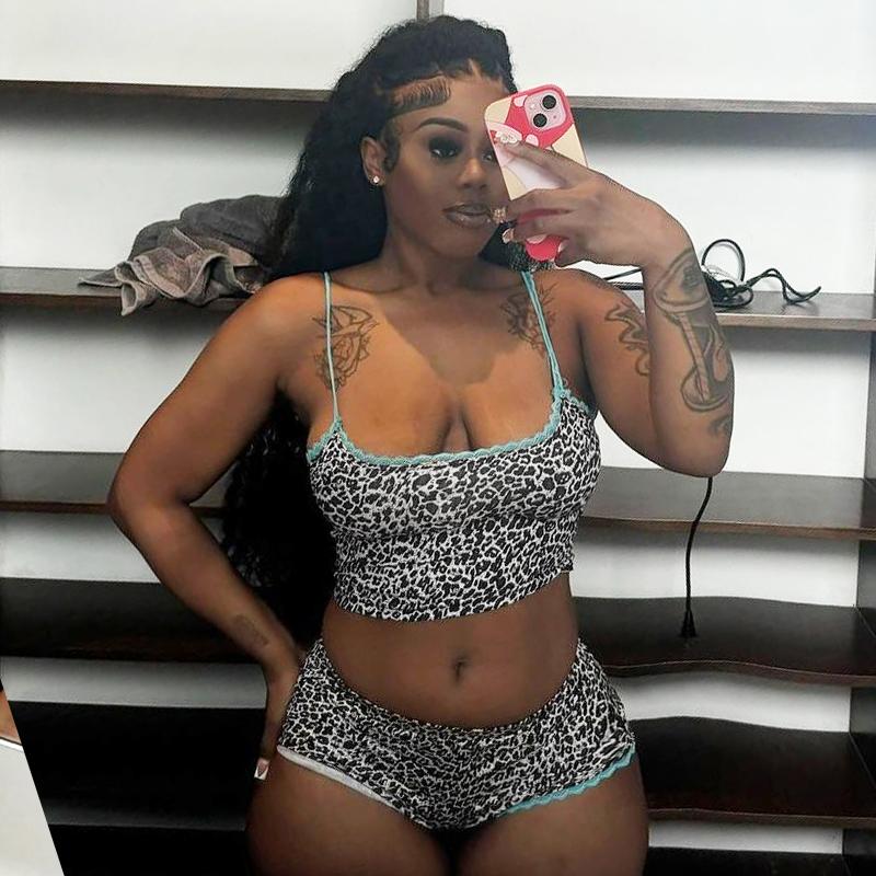 Sexy Casual Leopard Print Cami Top & Mid Waist Shorts Two Piece Set Contrast Lace Straps Trim for Women Summer Beach Vacation Outfits Party Dating Y2K Bodycon Suits