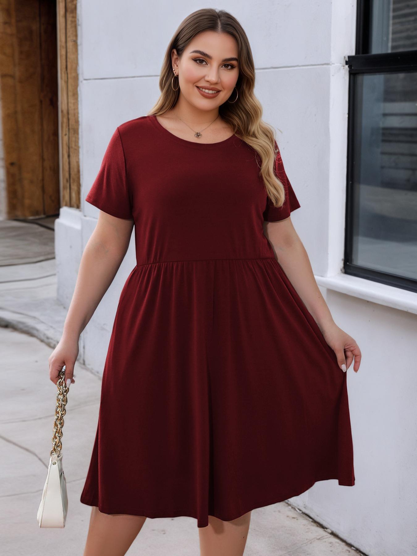 Women's Plus Size Casual Elastic Long Dress with Pockets, Elegant Summer Fitted Style, Comfortable Fabric for Daily Wear