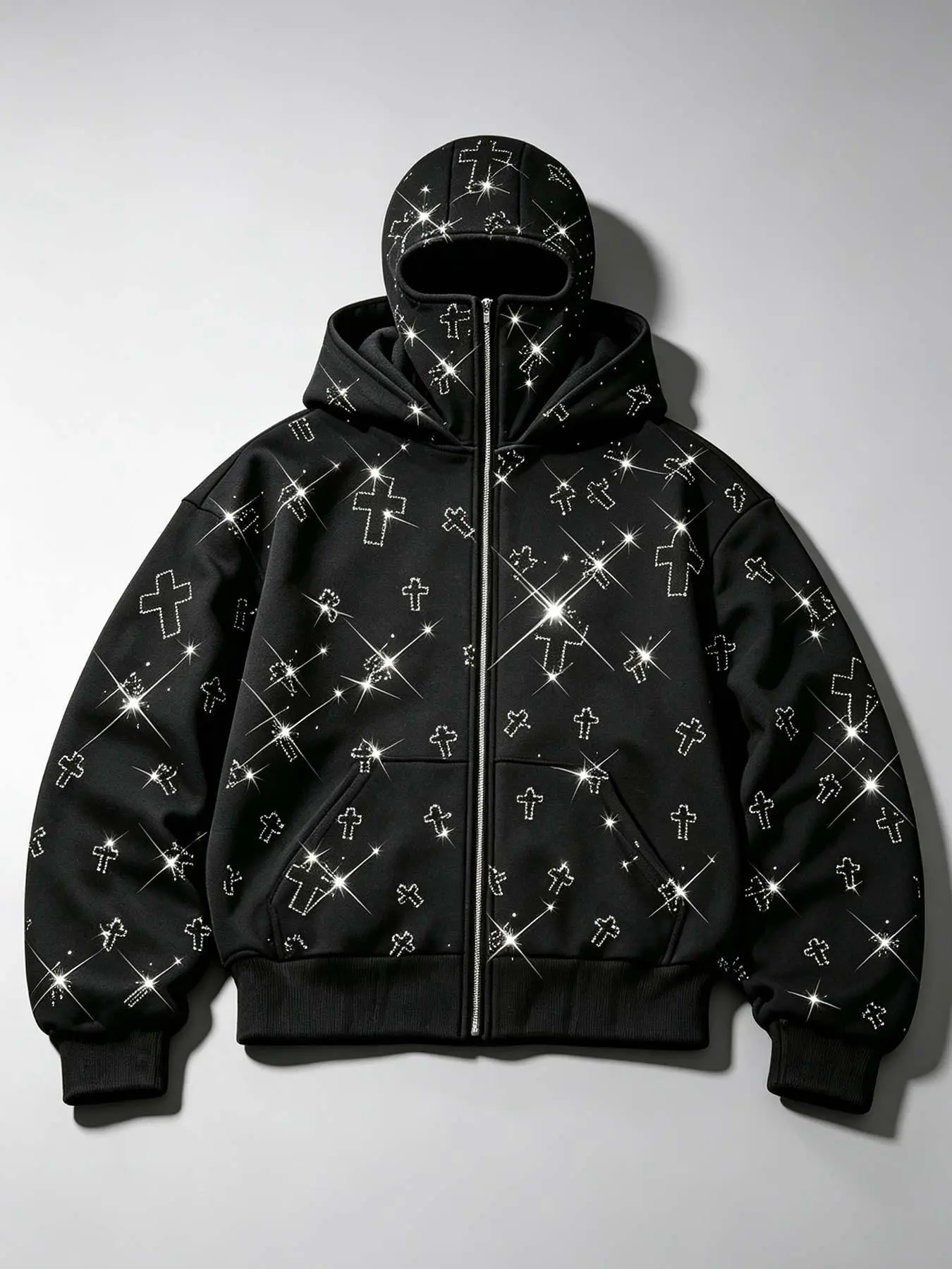 Men's zipper cardigan sweater body full of rhinestones cross Barak Rafa mask fleece sweater, hooded cardigan jacket for men and women, Y2K dark double-hooded street fashion brand warm jacket, Streetwear