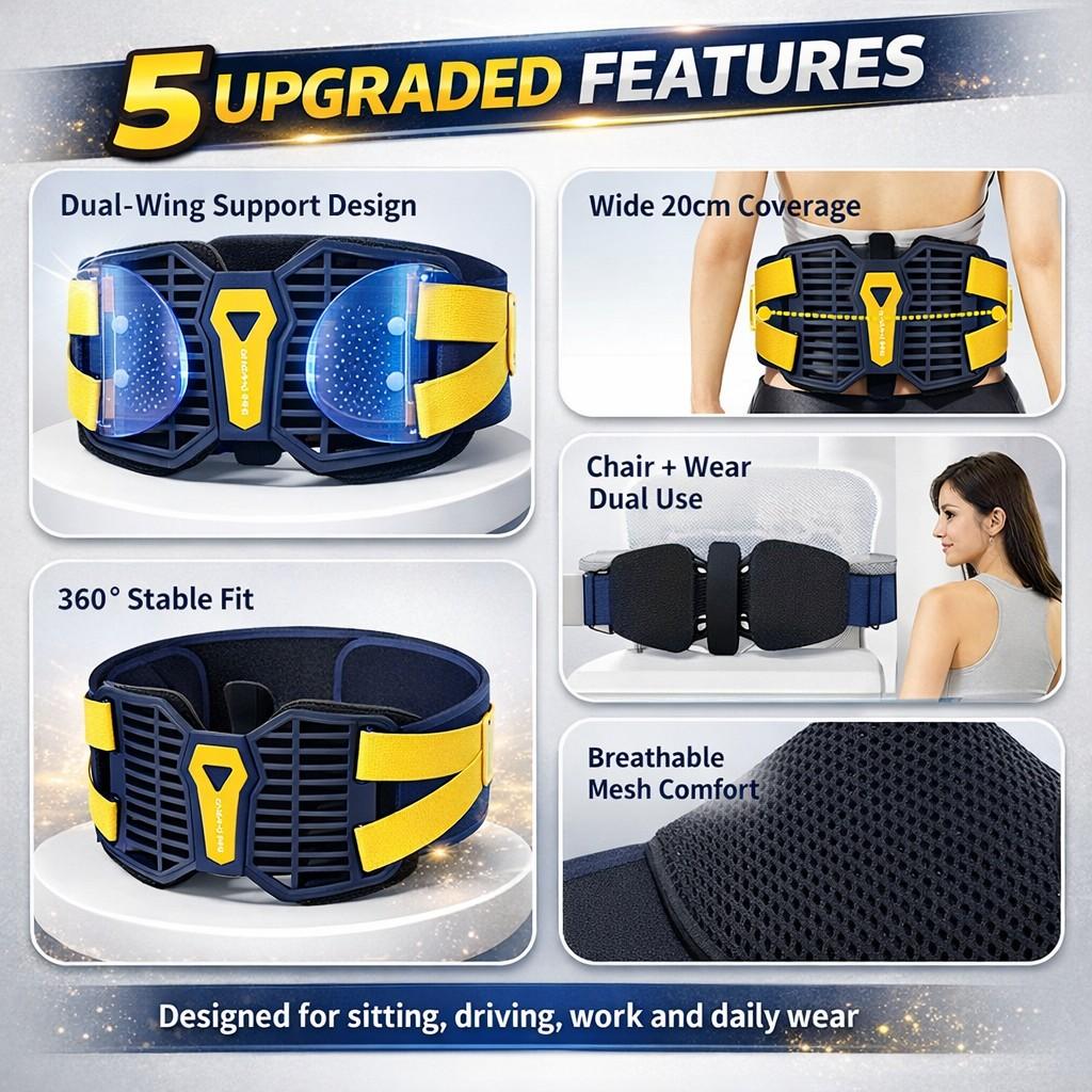 Adjustable Waist Support Belt for Men & Women, Dual-Wing Back Support Strap for Sitting, Driving, Desk Work, Travel & Workout, Breathable Mesh, 360° Wraparound Fit, Wide Coverage, One Size Daily Comfort