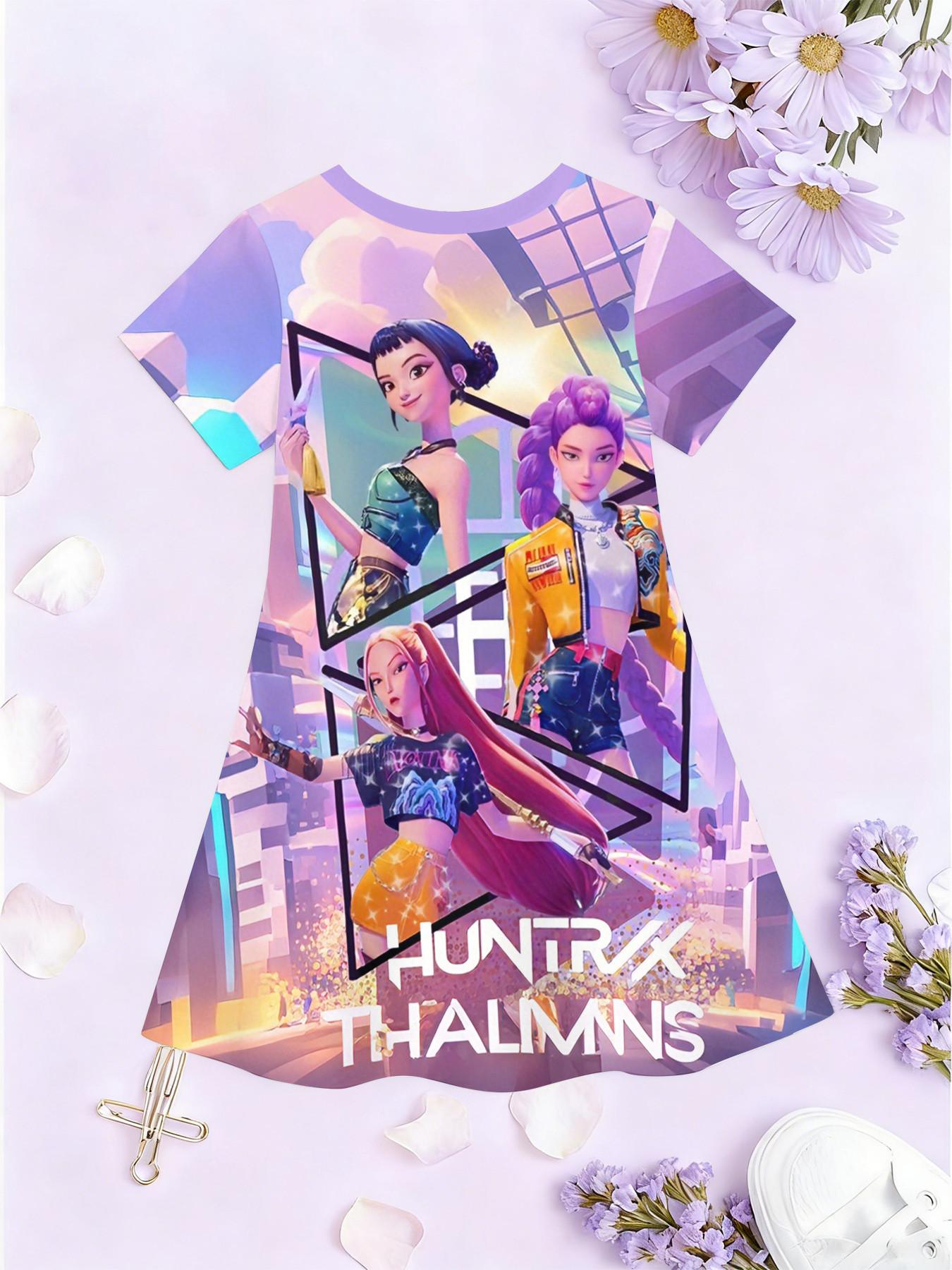 Girls' 3D Short Sleeve Dress, K-Pop Demon Hunters Neon Stage Print, Summer Party Wear, Perfect for Gifts and Birthdays