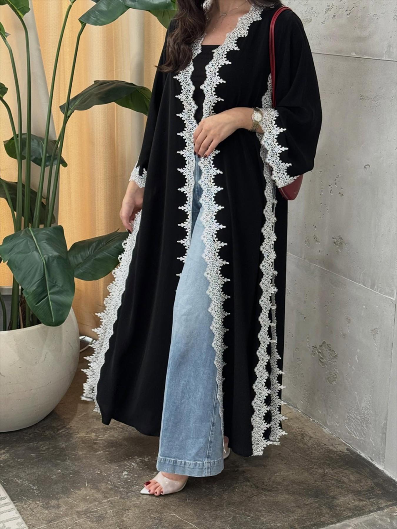 Hafizah French Lace Trim Long Sleeve Oversize Loose Fit Cardigan, Casual Drop Shoulder Outerwear for All Seasons, Chic Office Style Women's Daily Wear Jacket Everyday