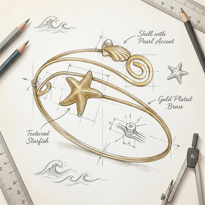 Elegant Starfish and Seashell Open Bangle Bracelet for Women Adjustable Metal Arm Cuff Jewelry Trendy Ocean Inspired Fashion Accessory Summer Beach Style