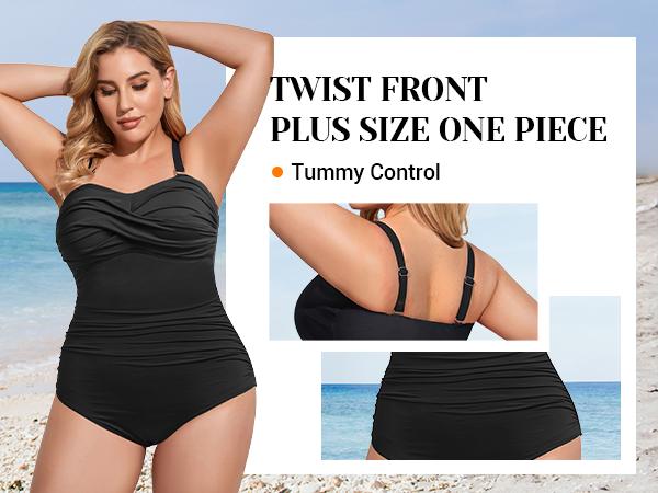 Holipick Plus Size One Piece Swimsuit Tummy Control Strapless Bathing Suits Bandeau Slimming Ruched Twist Front Swimwear