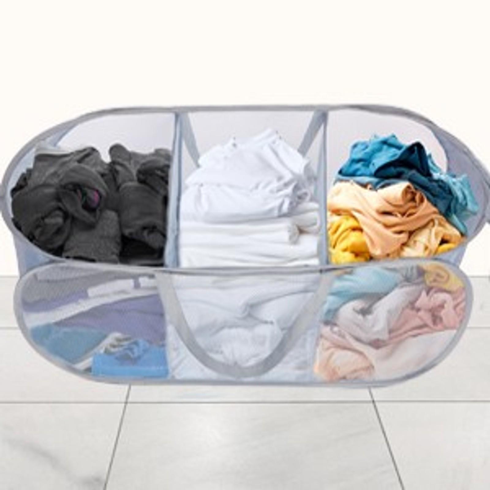 Collapsible Foldable Pop Up Laundry Hamper with 3 Compartments, Handy Pocket, Sturdy Clothes Sorter for Dorm, Kids Room, Travel - GreyGift