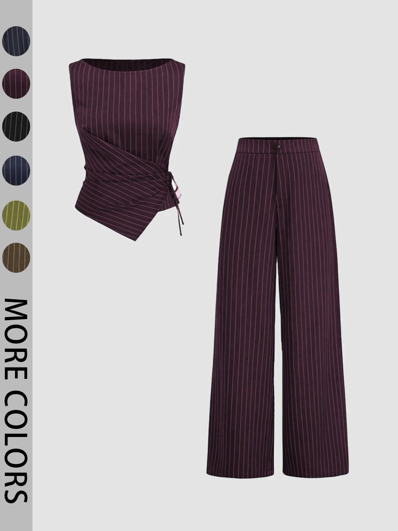 Women's Striped Strapless Tie-Back Vest Top and Straight Leg Pants Set, Corporate Outfits Women, Elegant Slim-Fitting Outer Vest Suit for All Seasons