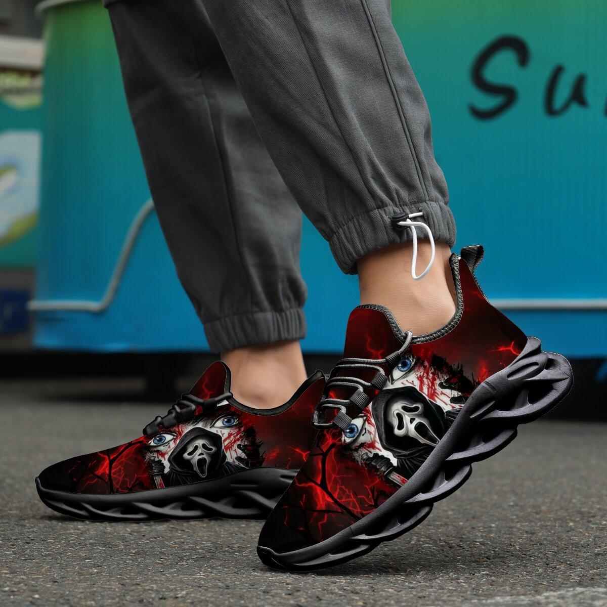 Men Women Halloween Horror Mask Print Sneakers Breathable Mesh Lace Up Blade Type Walking Shoes Lightweight Casual Sports Footwear Outdoor Walking Shoes Holiday Gift