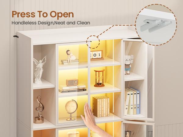 SEDETA Display Cabinet with Glass Doors, 6 Tier Tall Bookcase with LED Lights, Curio Cabinet with Adjustable Shelves, 64" Display Cases for Collectibles, Bedroom, Living Room, Office