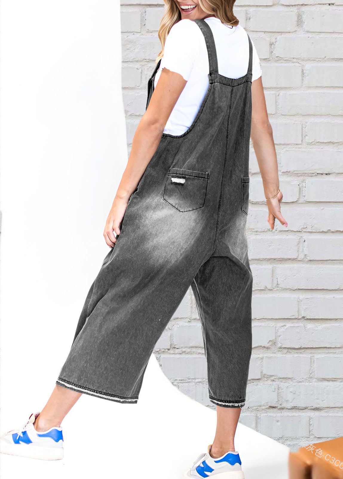 Chouyatou Women Loose Adjustable Strap Denim Bib Overall Jeans Distressed Wide Leg Baggy Overalls Jumpsuit SpringStatements