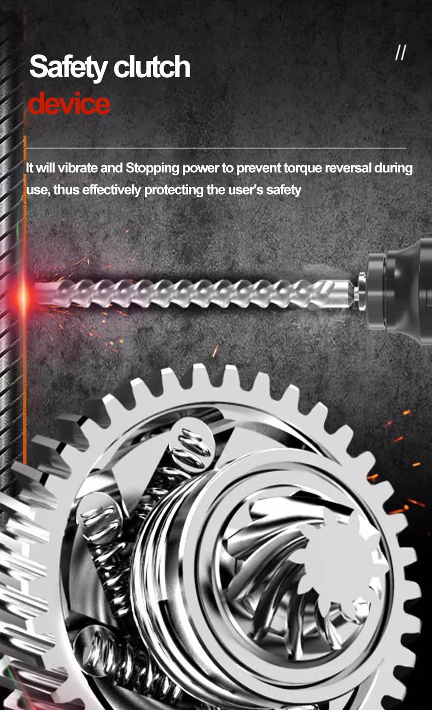 21V Electric Hammer Drill with 6/8/10/12 Chisel Bit, 360°C Swiveling Front Handle, Electric Hammer for Concrete Breaking