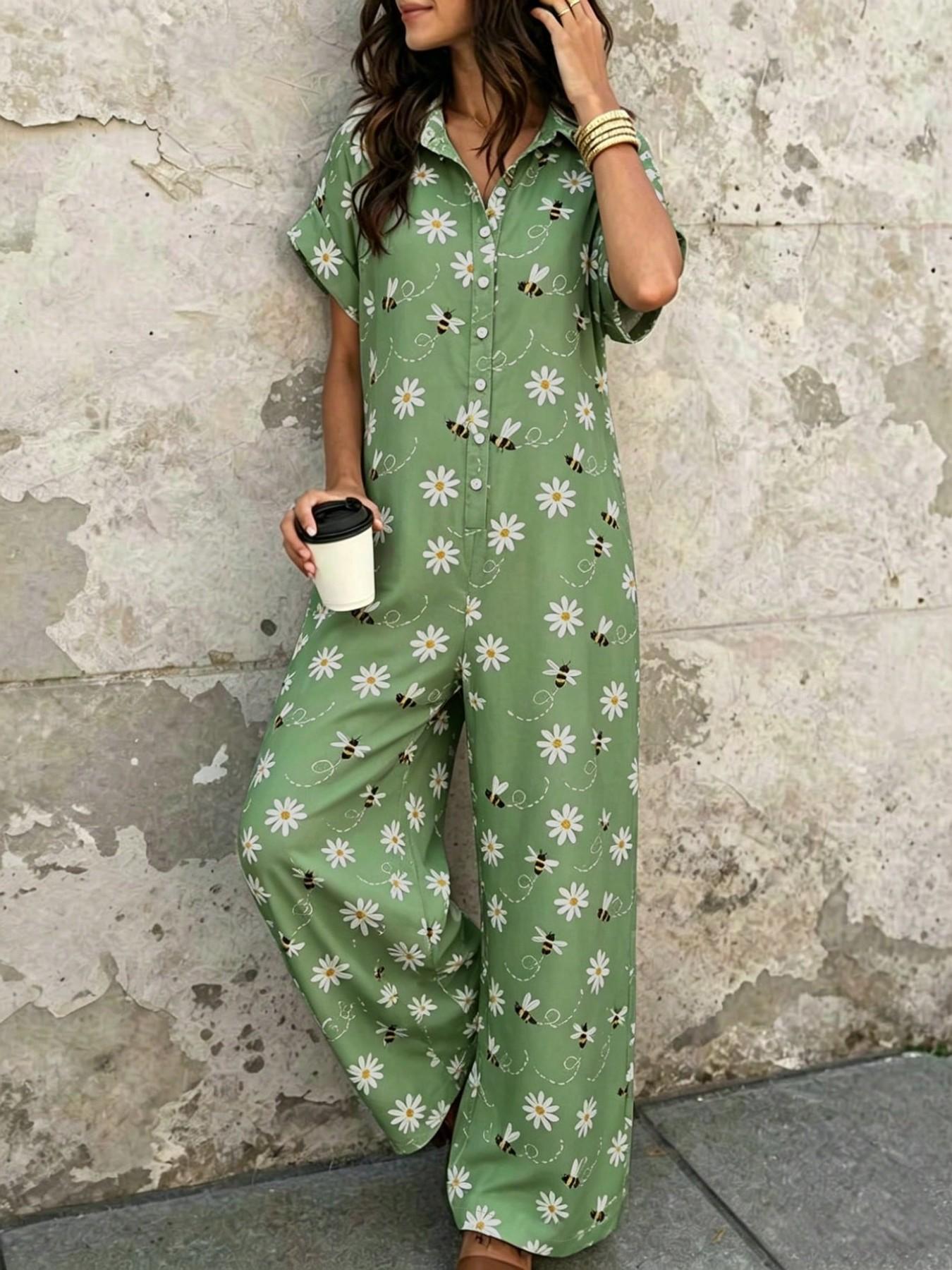 Women's Casual Loose-Fitting Breathable Jumpsuit, Summer Short Sleeve Collared Print Jumpsuit, Wide Leg Long Pants with Button Closure