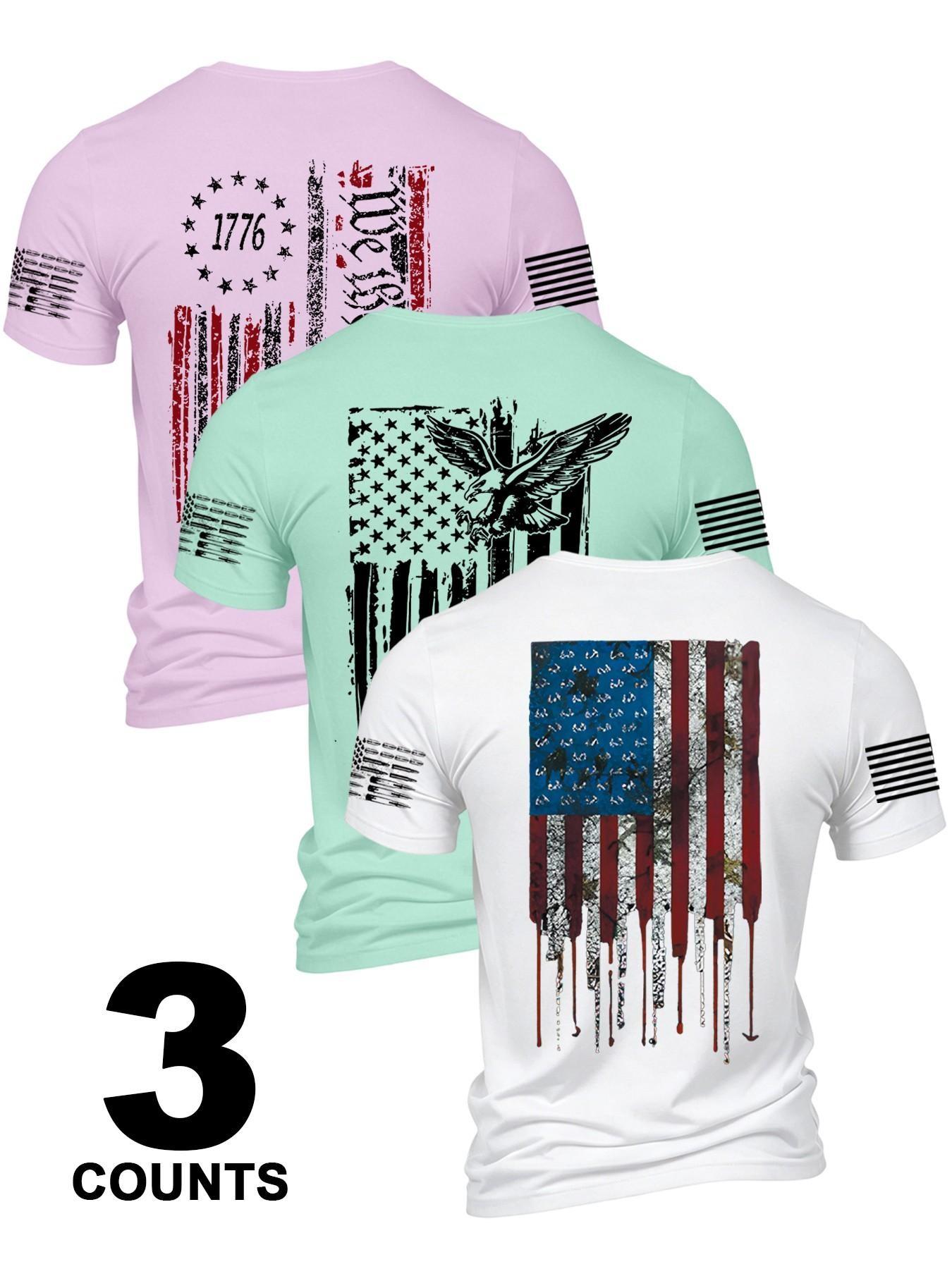 3-Pack American Patriotic Men's Short Sleeve T-Shirts, Casual Sports T Shirt, Comfortable and Durable Daily Wear, Perfect Gift for Him, Sporty Style Tops