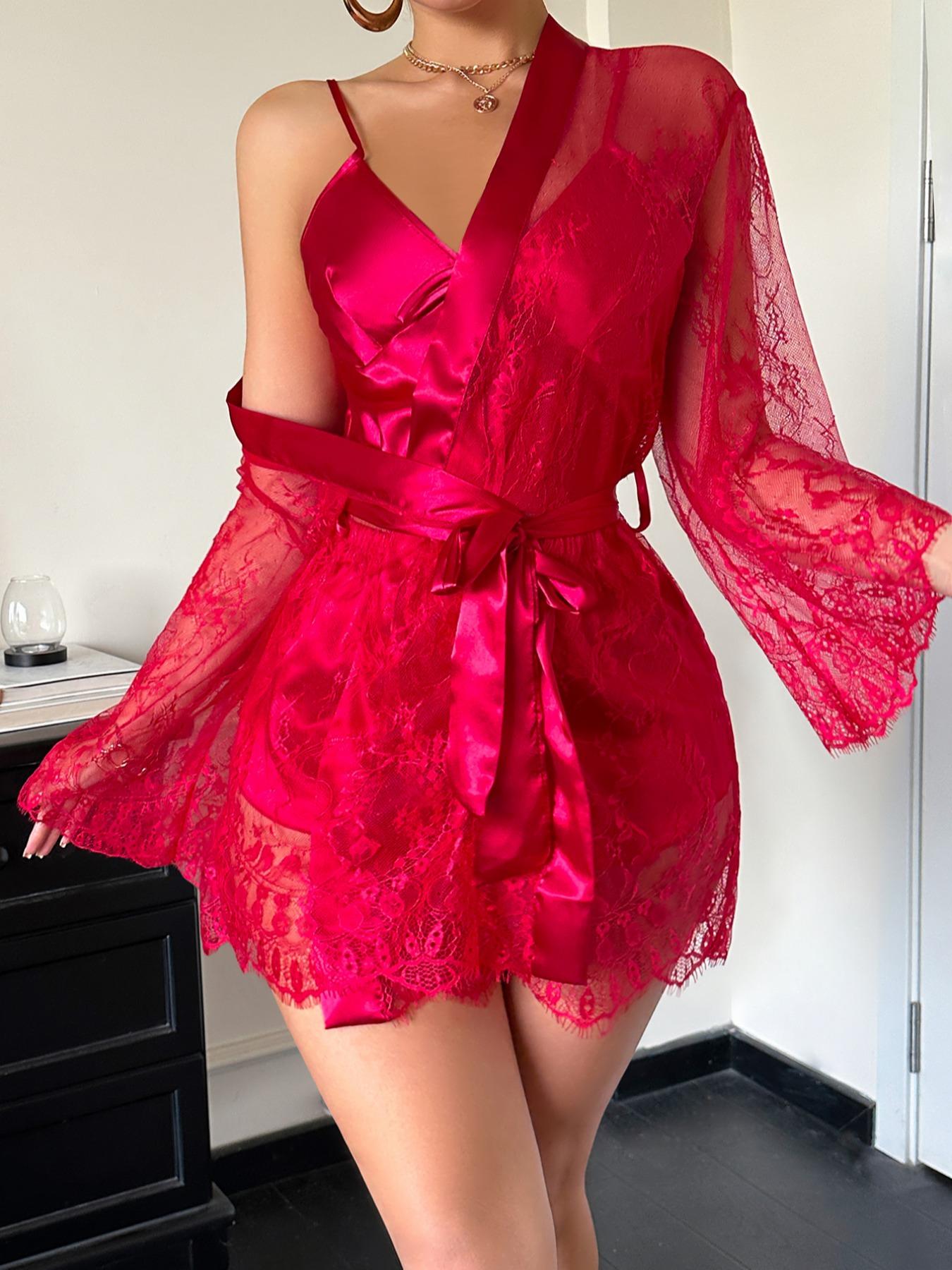 Women's Sheer Mesh Robe Lingerie Set, Sexy Plain Color Spaghetti Strap Shorts Three-Piece Suit, All-Season Fashion Sleepwear for Women