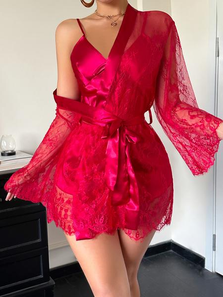 Women's Sheer Mesh Robe Lingerie Set, Sexy Plain Color Spaghetti Strap Shorts Three-Piece Suit, All-Season Fashion Sleepwear for Women