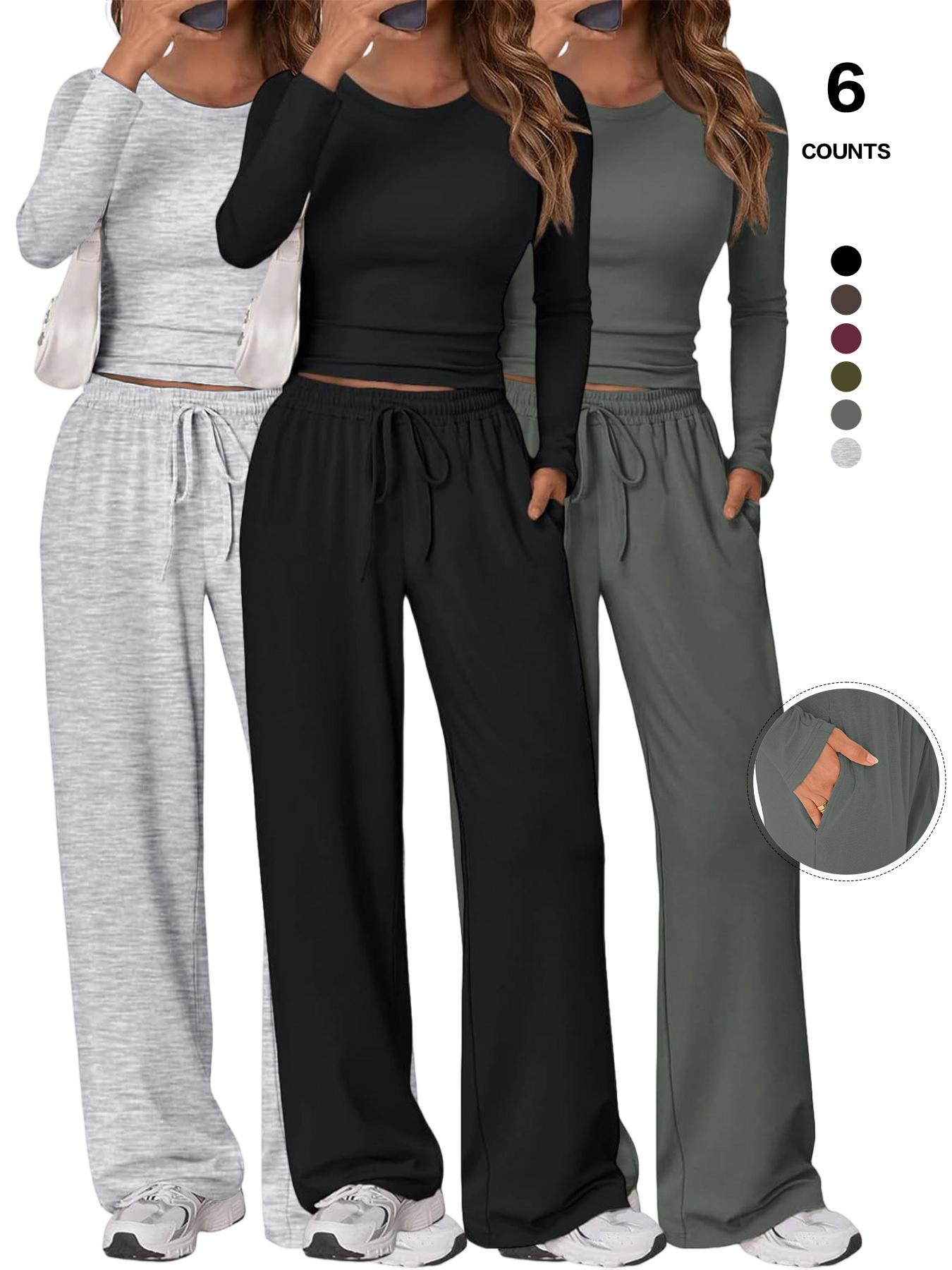 Women's 2 Piece Matching Lounge Set, Long Sleeve Slightly Crop Top & Wide Leg Pants, Casual Workout Set for Comfortable Wear