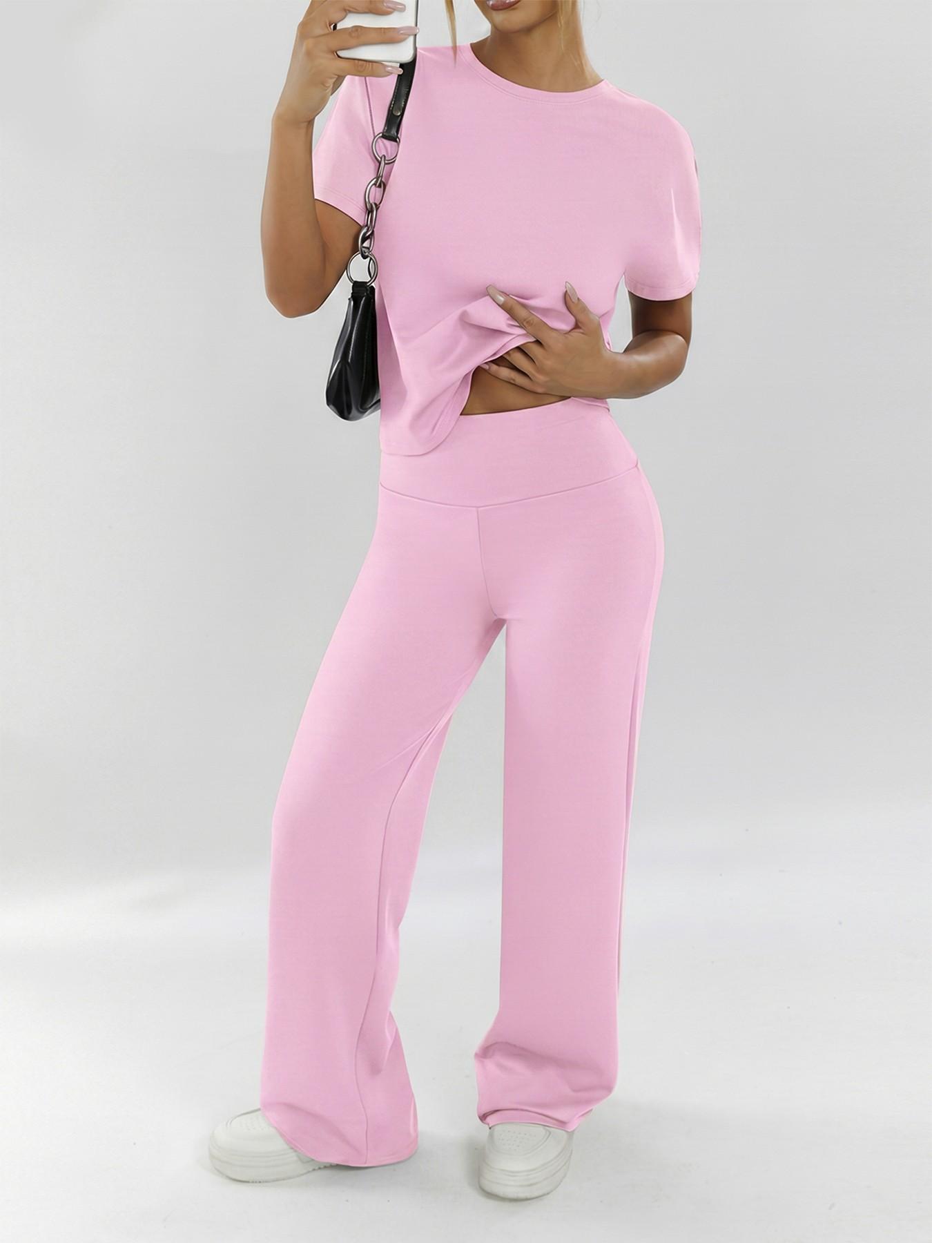 Women's Two-Piece Set, Loose-Fit Short Sleeve Top & High Waist Wide-Leg Pants, Breathable Fabric, Ideal for Yoga, Gym & Running, Athleisure Gym Clothes, Casual Activewear Set, Loose Casual Athleisure