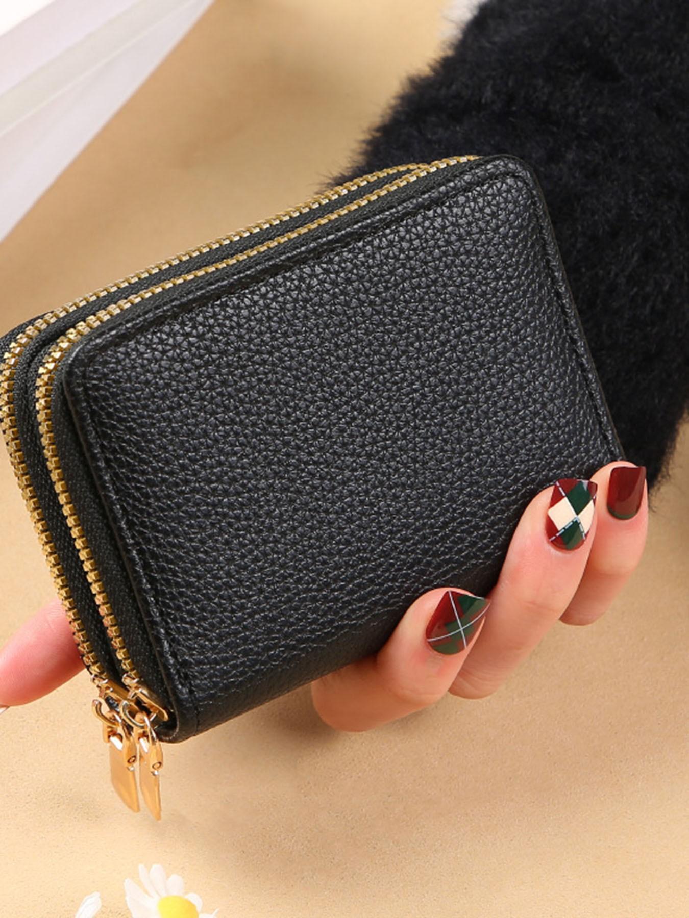 Women's Black Quilted Short Wallet, Slim Bi-Fold Card Holder, Zippered Coin Pocket, Simple Wallet