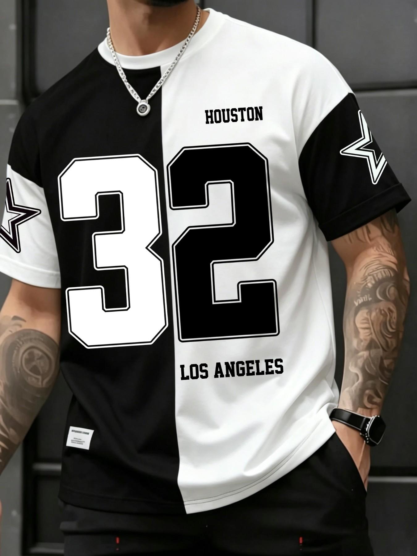 Number 32 Print Colorblock Home Wear T-Shirt, Contrast Tee, Comfortable Breathable, Casual Street Style, Men's & Women's