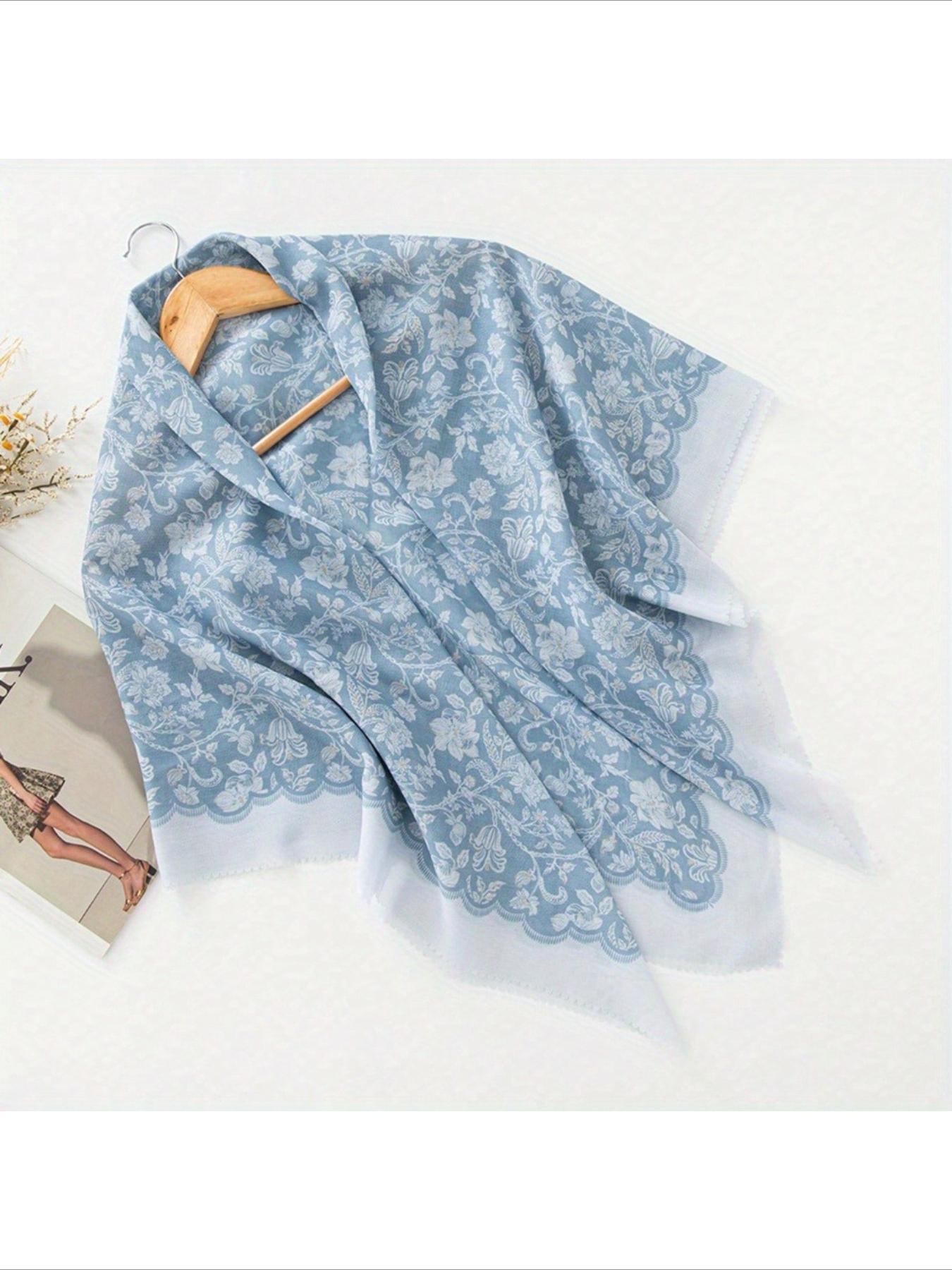 1pc 110*110cm Laser Cut Edging White Dainty Floral Print Large Square Bandana, New Bohemian Style Linen Soft Light Breathable Wavy Hem Head Wrap Hijab Shawl Floral Combination Print Balinese Chiffon Square Bandana Shawl