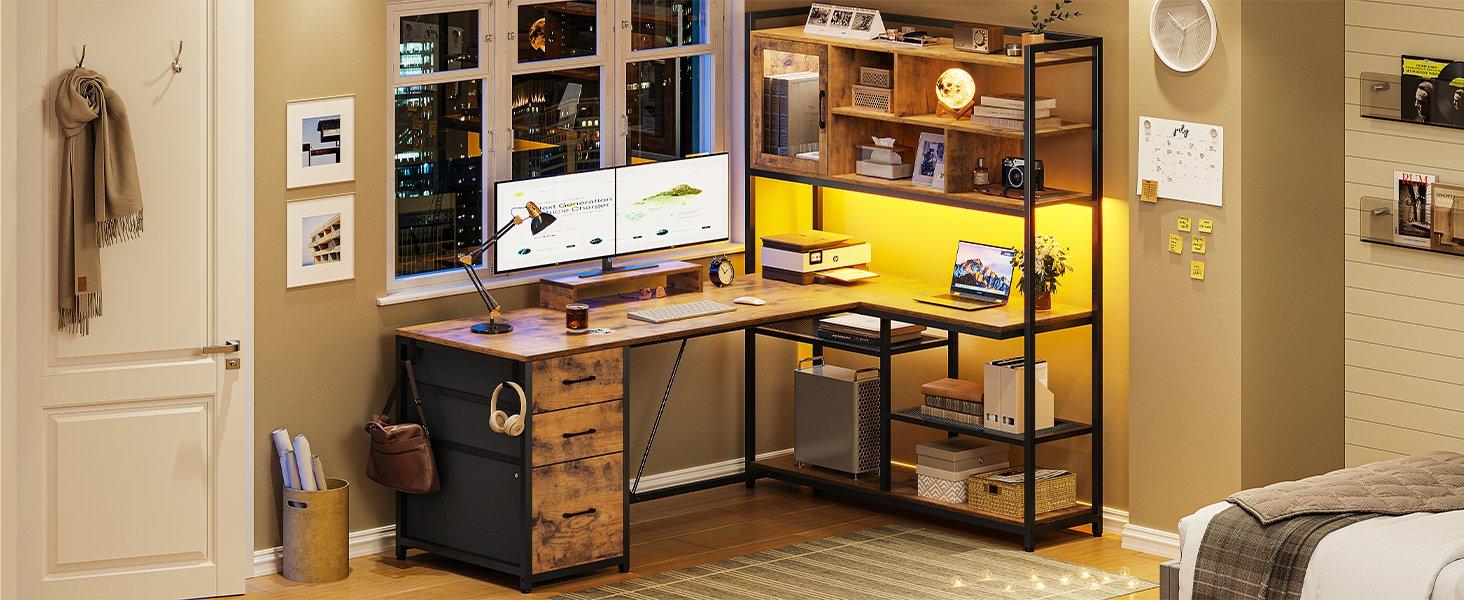 SEDETA 58-Inch L-Shaped Computer Desk with Storage, LED L-Shaped Gaming Desk with Storagefor Home Office Furniture Gaming