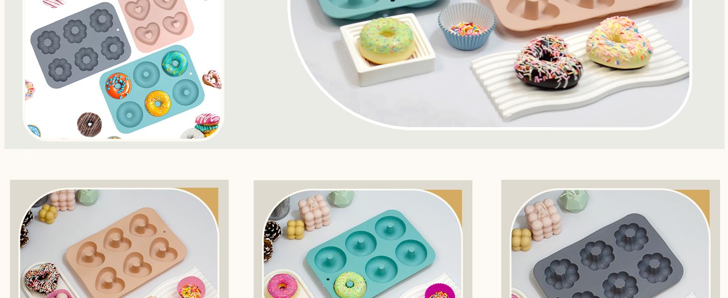 3 Pack Silicone Donut Pan for Baking, Non-Stick Doughnut Pan, 6 Cavity Heritage Bundtlette Cake Silicone Mold for Baking (Blue+Gray+Pink)