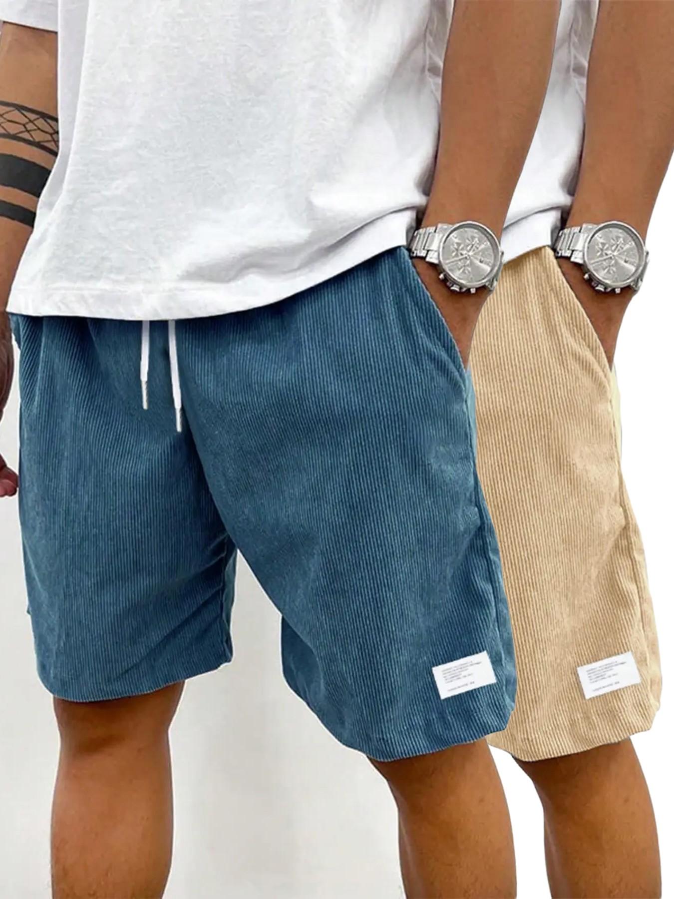 Men's Solid Plain Patched Drawstring Waist Shorts, Menswear Regular Fit Casual Pocket Elastic Waist Shorts for Summer, Men's Bottoms for Daily Wear