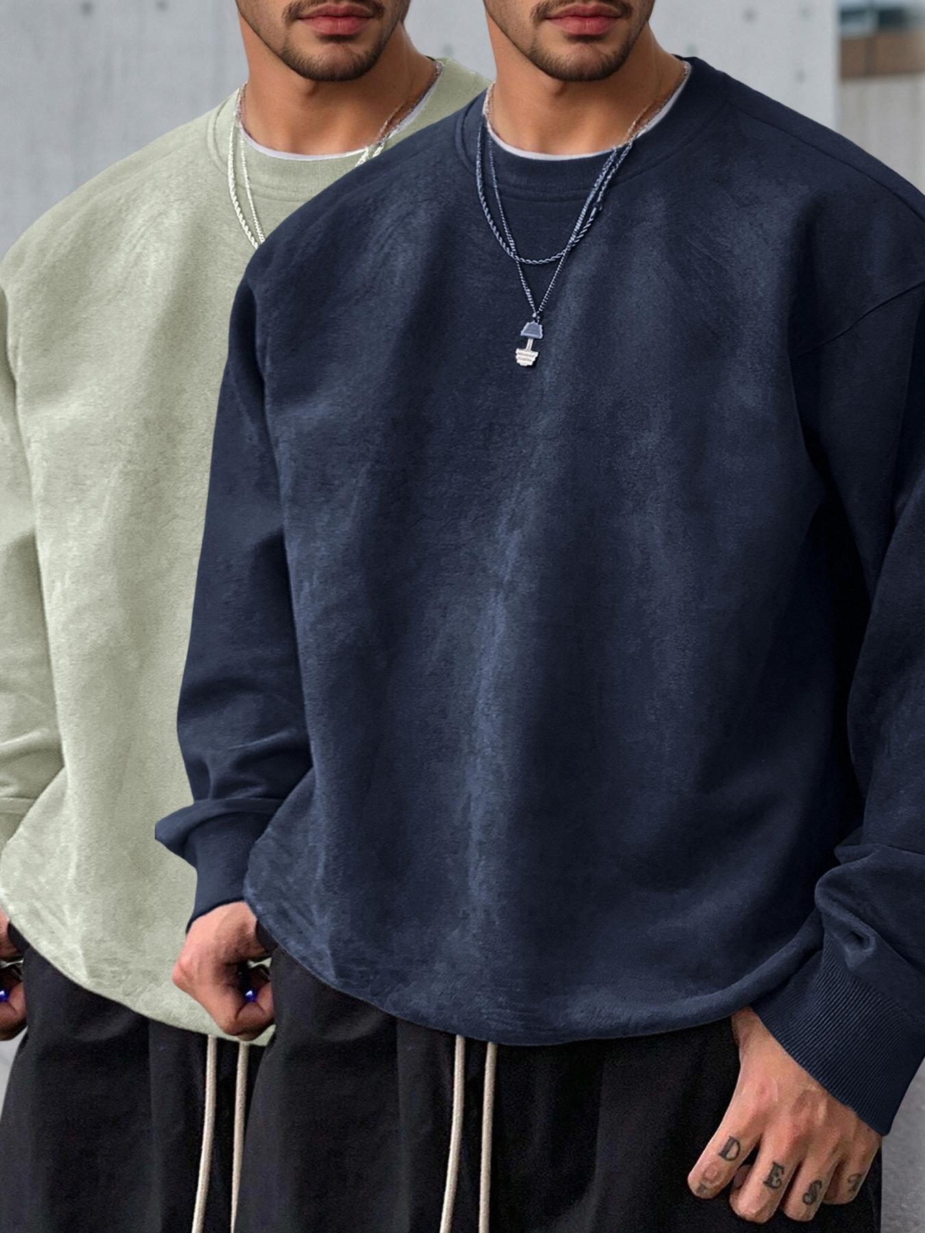 Men's Solid Color Plain Round Neck Drop Shoulder Long Sleeve Fleece Sweatshirt, Casual Fit for Fall & Winter, Comfortable Daily Wear
