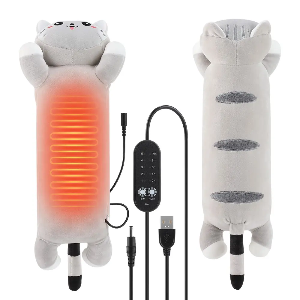 5-Heat USB Heated Cat Plush Pillow, Cute Animal Design – Cozy Warming Stuffed Animal with Timer, Soft Cuddle Buddy for Couch Bed Travel, Gift for Women Teens