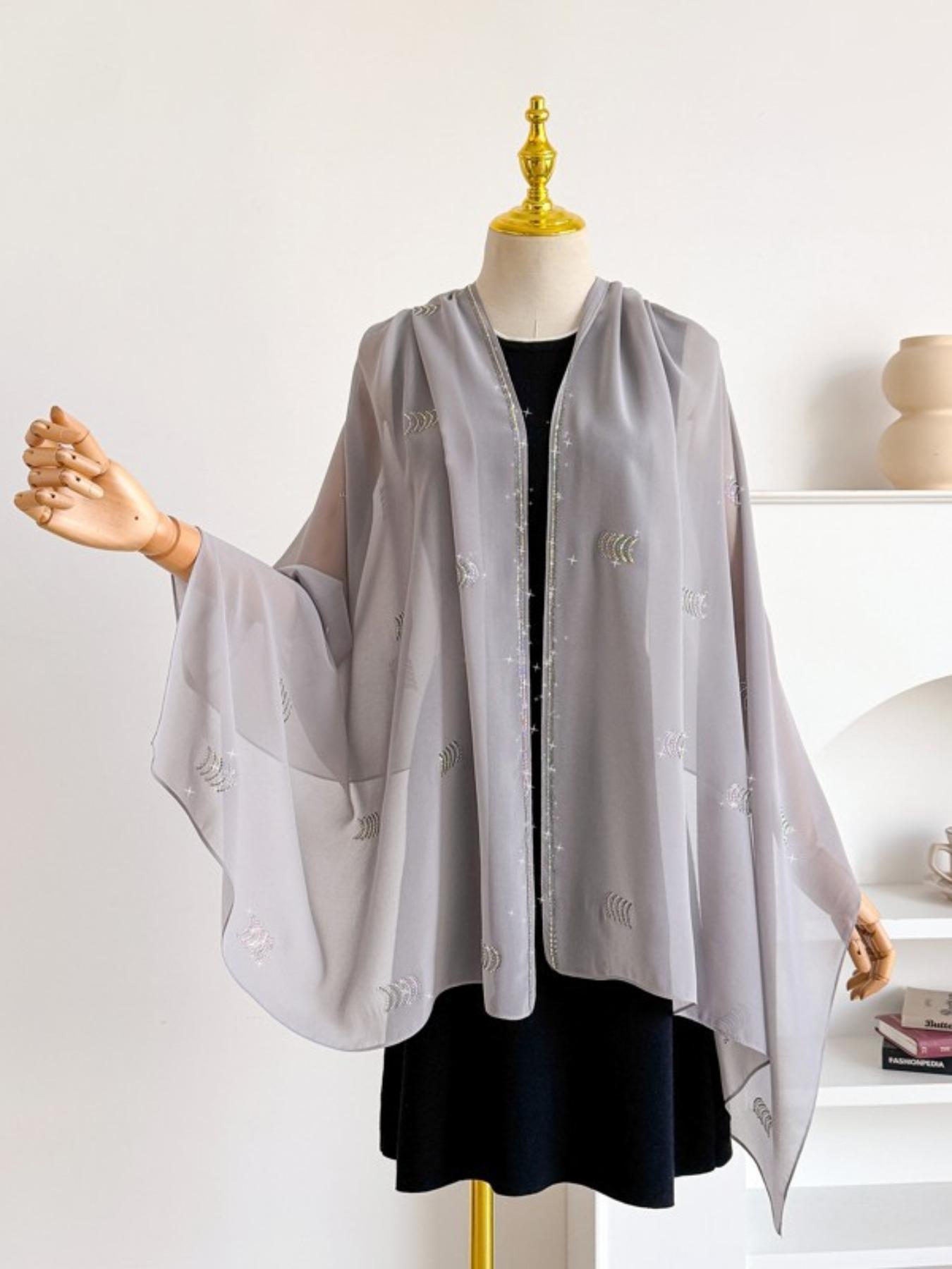 Single Piece Multi-Functional Plain Color New Arcuate Rhinestone Chiffon Long Scarf, Pearl Embellished Sun Protection Shawl, Ethnic Headscarf