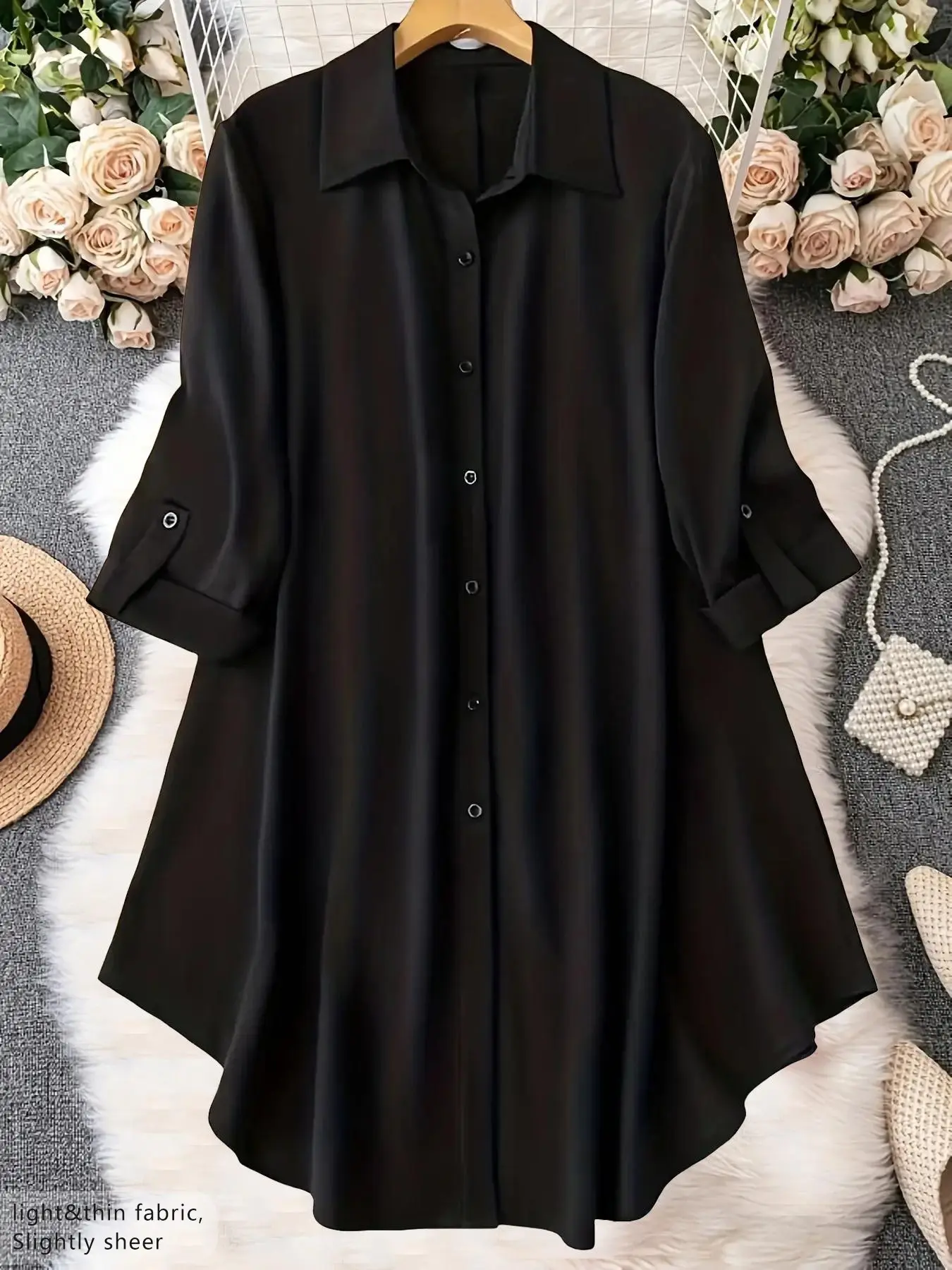 Plus-Size Solid Long Sleeve Button Up Blouse, Casual Classy Elegant Button Front Collared Top for Spring & Fall, Women's Clothes for Daily Wear