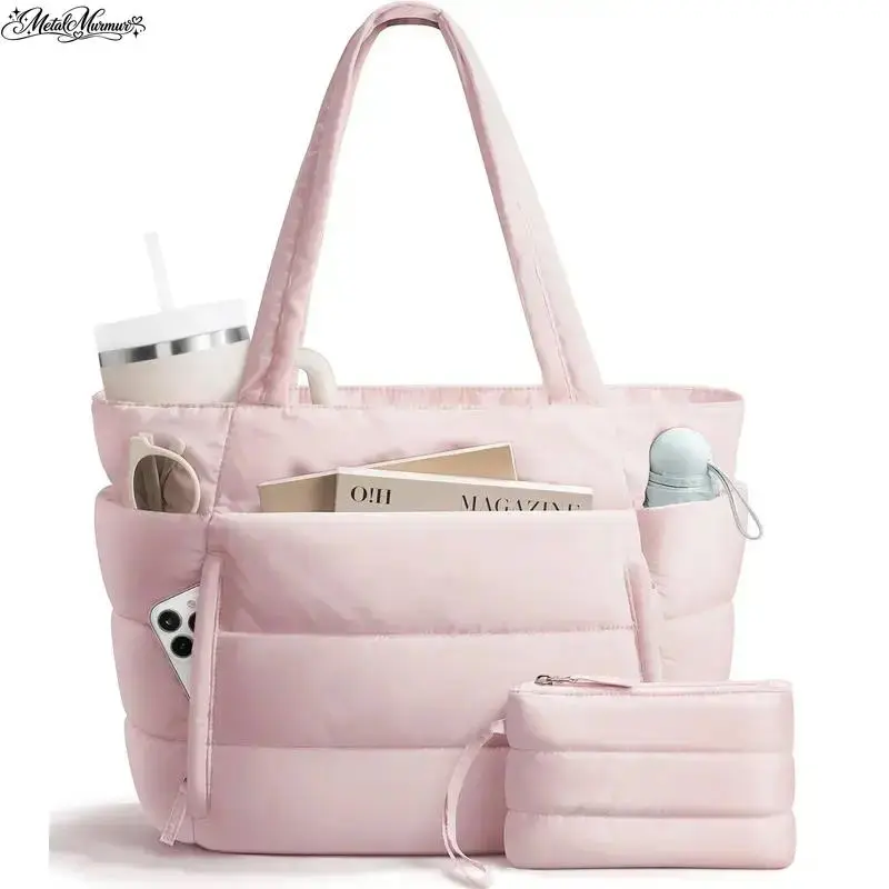 Women's Quilted Puffer Travel Tote - Soft Fabric Shoulder Bag with Pouch, Lightweight Versatile Tote, Fashionable Working Bag for Laptop, Sports & Outdoor Accessory