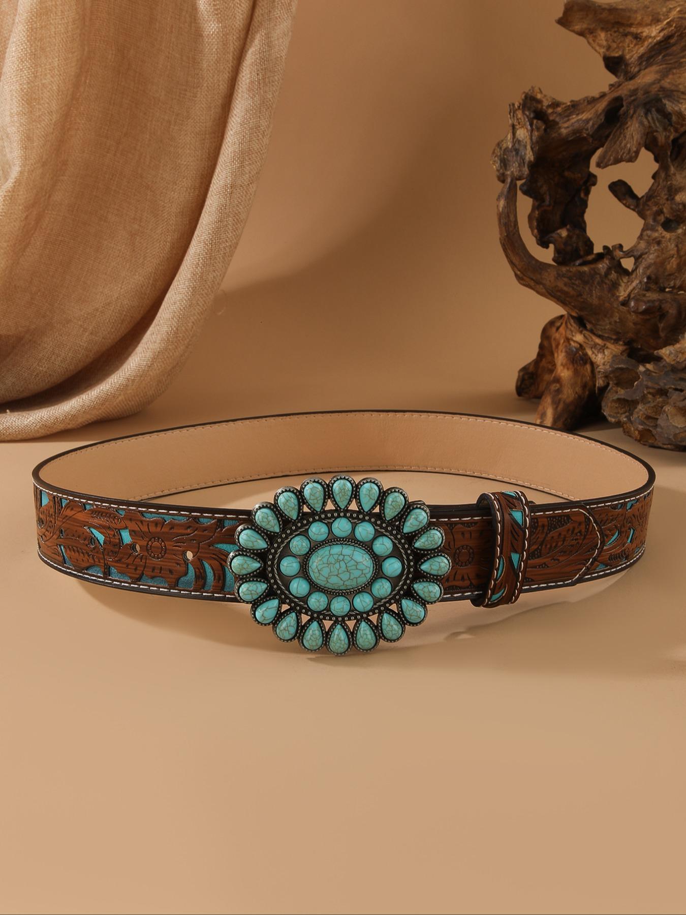 Women's Bohemian Style Waist Belt with Turquoise Alloy Buckle, Vintage Fashion Accessory for Ladies, Elegant Design for Daily Wear